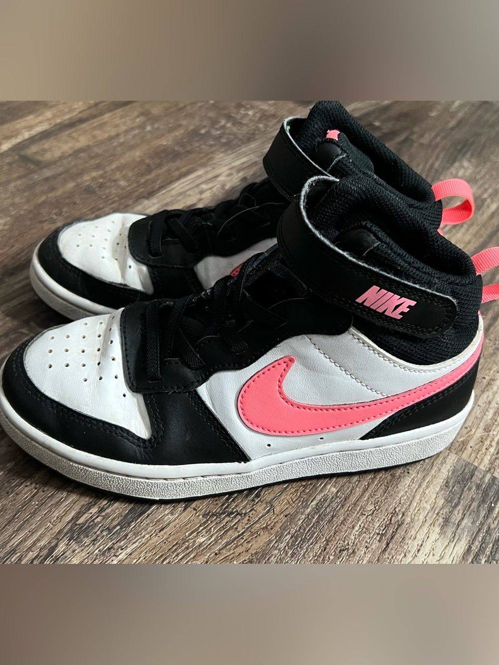 Nike Kids Black White Pink High-Top Sneakers with Pink Swoosh